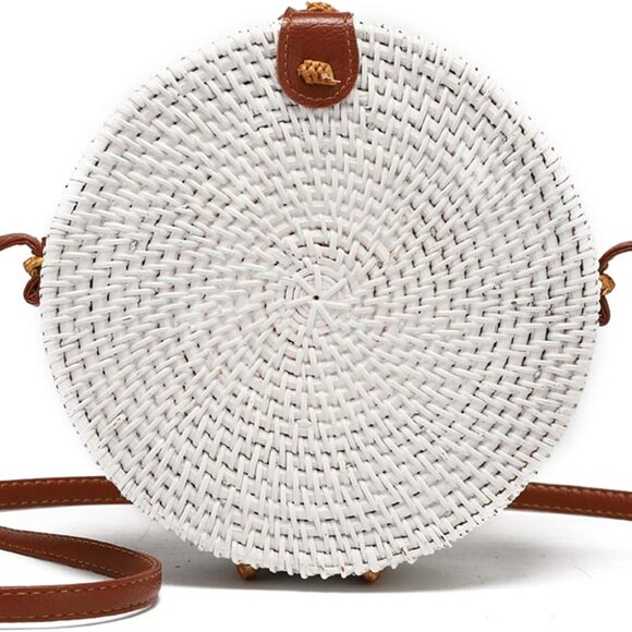 Nordstrom Handbags - White Round Woven Wicker Crossbody Bag